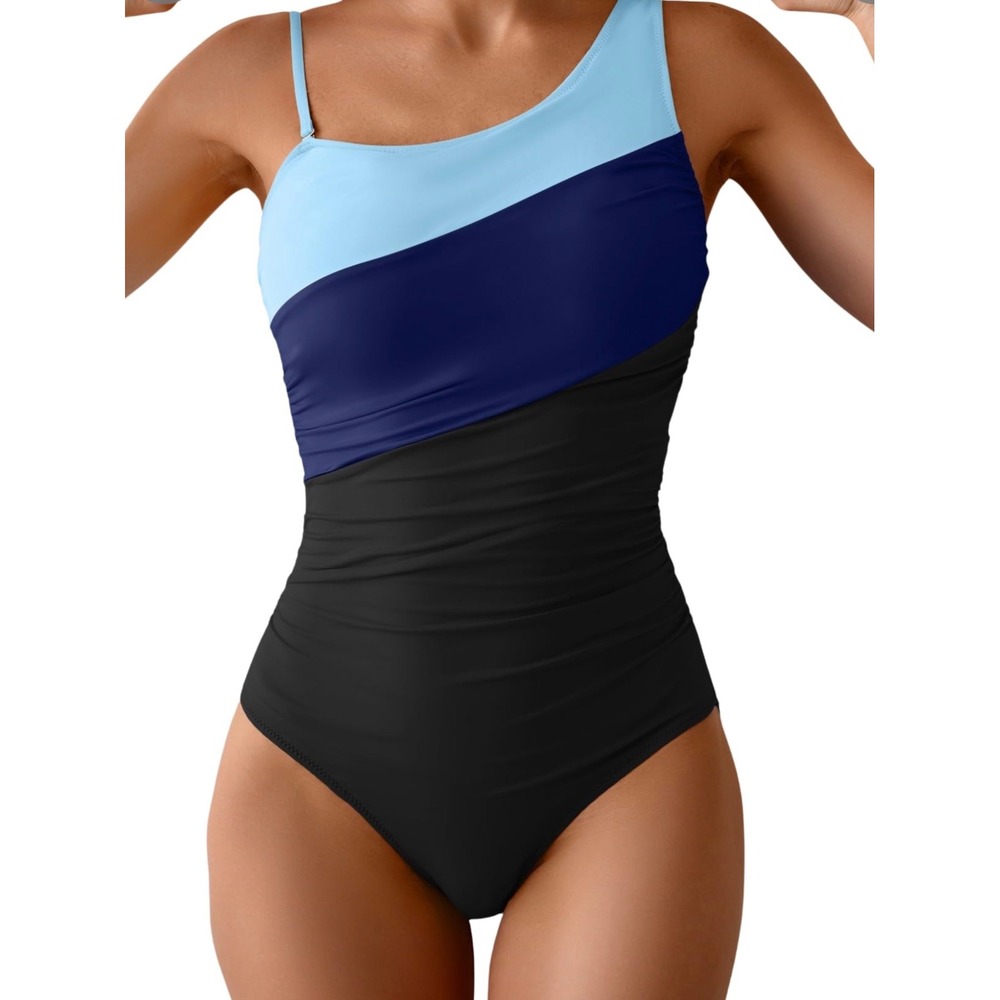 Aidonger Colorblock One‎ Piece Swimsuit Blue Black Ruched One Shoulder Size L